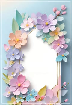 Cherry blossom frame on pastel background with space for text. Sakura.Paper art of Cherry blossom with frame on pastel background.Paper cut style.Spring background with sakura flowers and leaves. Vector paper illustration.3d rendering.Spring flowers frame with copy space for your text. Pastel colors.Minimal style.İnvitation and celebrations.