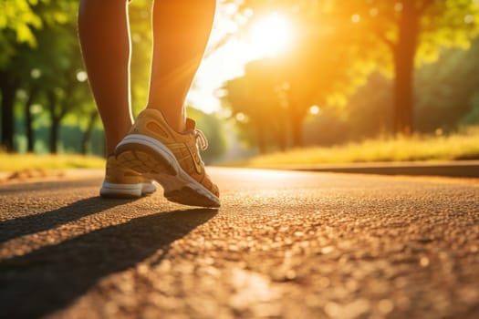 Summer shoes on the asphalt road in the sun - time for summer running. Generative AI.