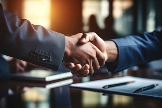 Close up handshake between executives sealing deals with mutual trust and partnership. Generative AI.