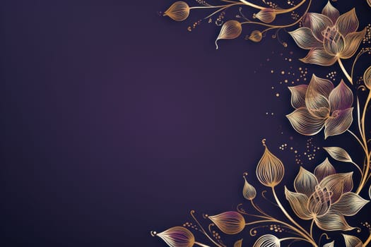 Gradient violet background random symmetric gold lined subtle Indian culture pattern. Generative AI.