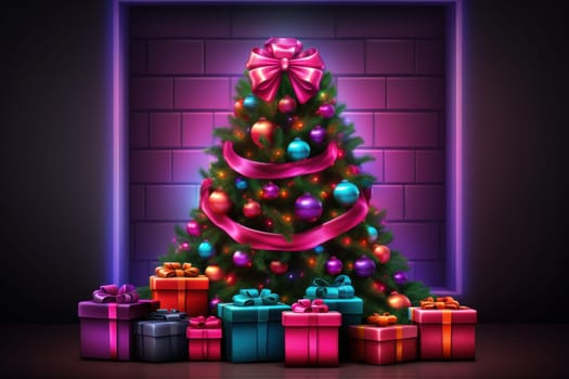 Banner of the Christmas in a futuristic neon style. Generative AI.