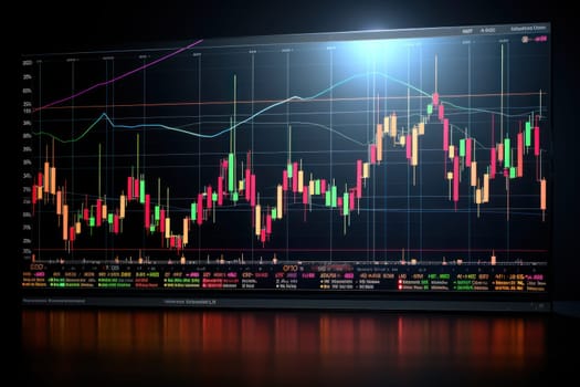 Business stock market, trading, info graphic shown on monitor display screen. Generative AI.