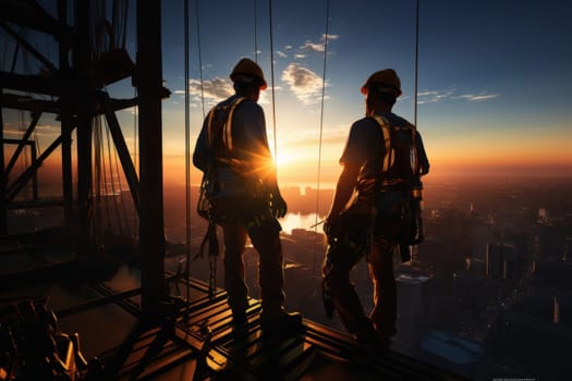 A workers working at height with safety harness. Generative AI.