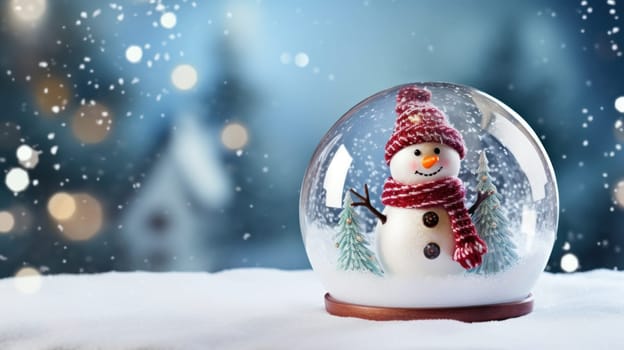 Glass ball on snow with snowman inside for Christmas. Generative AI.