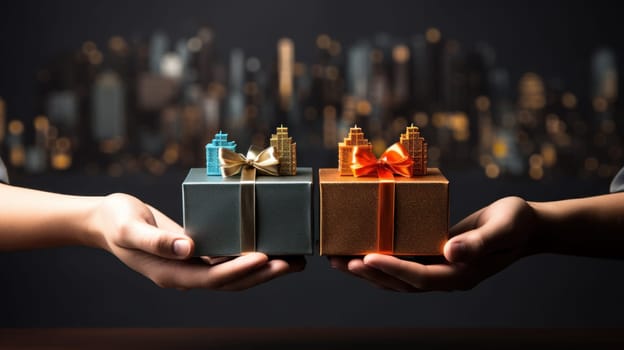 Person hand giving the gift with blur background. Generative AI.