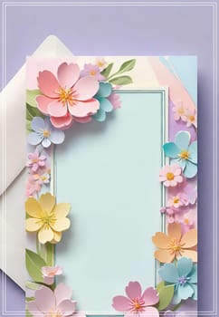 Cherry blossom frame on pastel background with space for text. Sakura.Paper art of Cherry blossom with frame on pastel background.Paper cut style.Spring background with sakura flowers and leaves. Vector paper illustration.3d rendering.Spring flowers frame with copy space for your text. Pastel colors.Minimal style.İnvitation and celebrations.