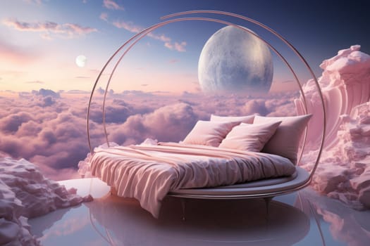Fantasy world, futuristic fantasy bed with of the sky and pink clouds. Generative AI.