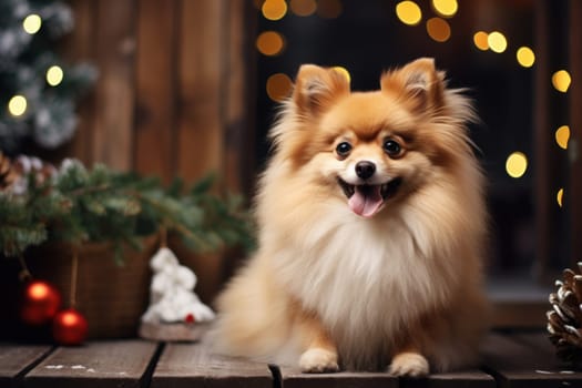 Christmas themed A friendly dog sitting next to a house. Generative AI.