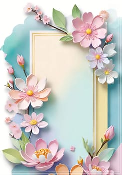 Cherry blossom frame on pastel background with space for text. Sakura.Paper art of Cherry blossom with frame on pastel background.Paper cut style.Spring background with sakura flowers and leaves. Vector paper illustration.3d rendering.Spring flowers frame with copy space for your text. Pastel colors.Minimal style.İnvitation and celebrations.