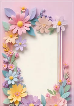 Cherry blossom frame on pastel background with space for text. Sakura.Paper art of Cherry blossom with frame on pastel background.Paper cut style.Spring background with sakura flowers and leaves. Vector paper illustration.3d rendering.Spring flowers frame with copy space for your text. Pastel colors.Minimal style.İnvitation and celebrations.