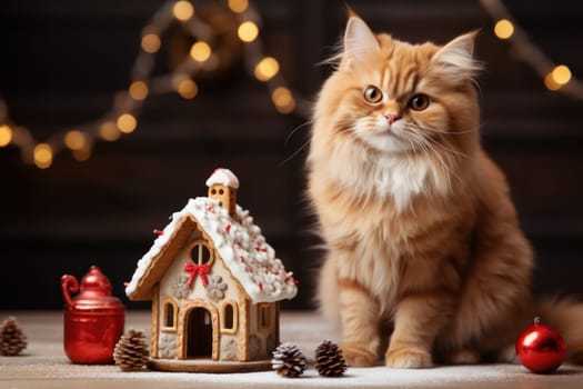 Christmas themed A friendly cat sitting next to a house. Generative AI.