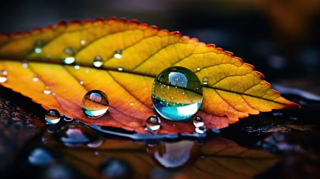 Extreme close up photography of a drop on a colorful leaf. Generative AI.