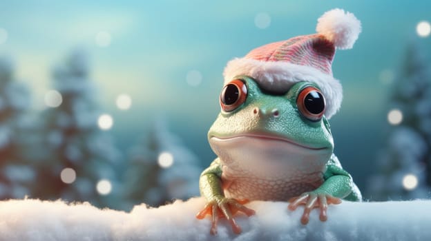 Frog perched on the top of a branch Christmas pastel background, copy space. Generative AI.