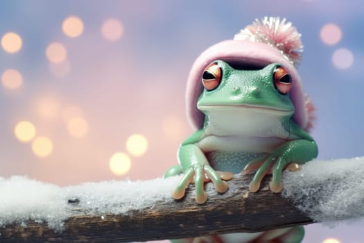 Frog perched on the top of a branch Christmas pastel background, copy space. Generative AI.