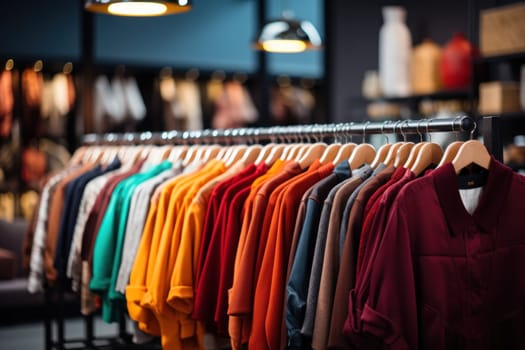 Clothes hang on a rack in a clothing store. Generative AI.