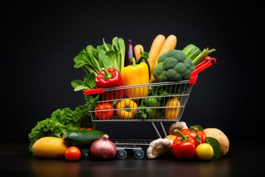 Shopping trolley full with vegetables and fruits. Generative AI.