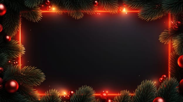 Red neon frame with close up Christmas spruce branches with copy space. Generative AI.
