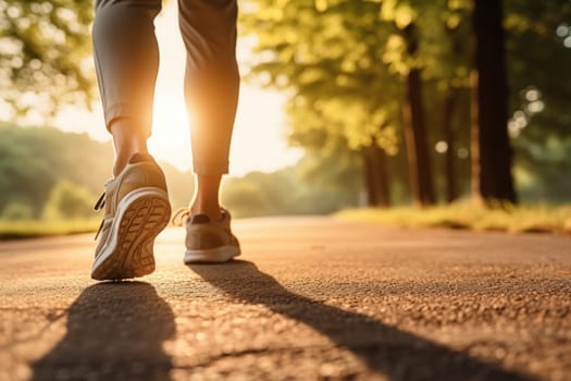 Summer shoes on the asphalt road in the sun - time for summer running. Generative AI.