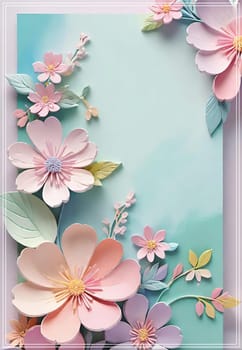 Cherry blossom frame on pastel background with space for text. Sakura.Paper art of Cherry blossom with frame on pastel background.Paper cut style.Spring background with sakura flowers and leaves. Vector paper illustration.3d rendering.Spring flowers frame with copy space for your text. Pastel colors.Minimal style.İnvitation and celebrations.