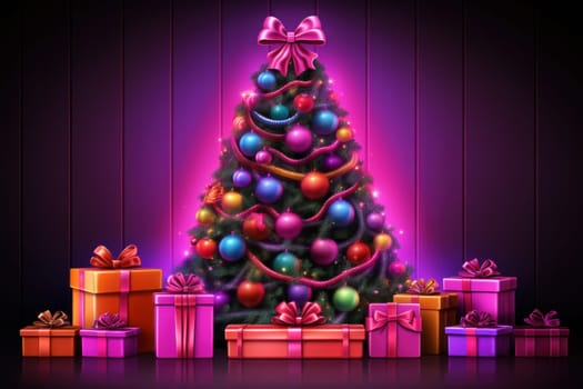 Banner of the Christmas in a futuristic neon style. Generative AI.