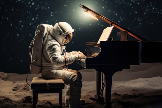 Astronaut playing piano, floating in front of the moon. Generative AI.