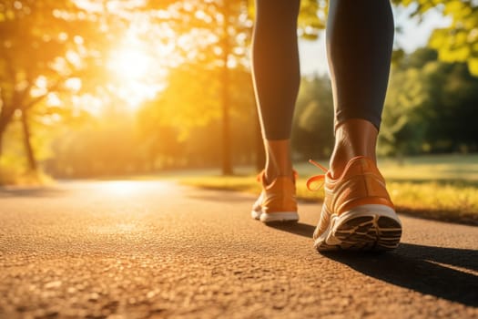 Summer shoes on the asphalt road in the sun - time for summer running. Generative AI.