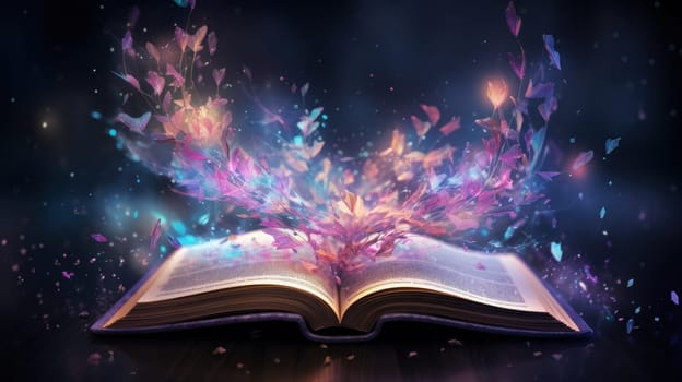 An open book with sparkles coming out of it ideal for fantasy. Generative AI.