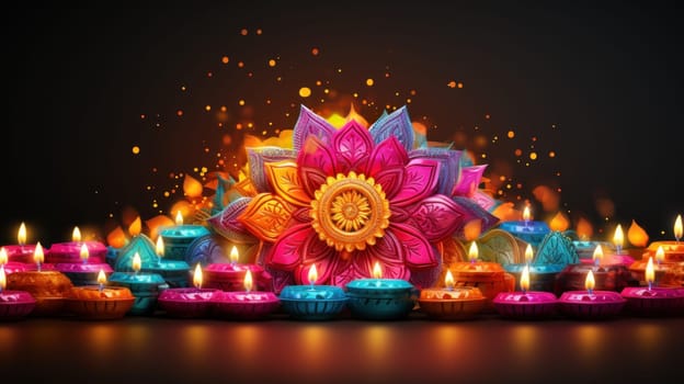 Illustration of Diwali festival Diya Lamp with rangoli at the bottom. Generative AI.