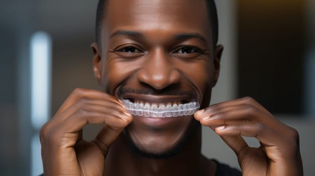 A photo of a man holding invisalign braces. Generative AI.