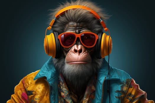 Portraits side view Fashionable monkey Humanized, Sunglasses ,Ear Headphones. Generative AI.