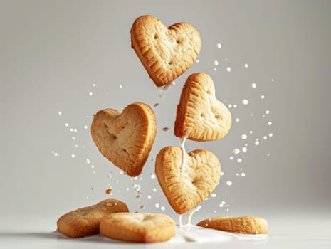 Food composition with heart shape cookies and floating milk. Sweet food background. Ai generated