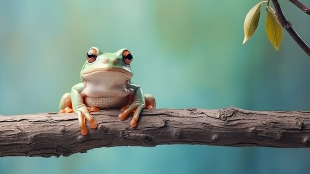 Frog perched on the top of a branch Christmas pastel background, copy space. Generative AI.