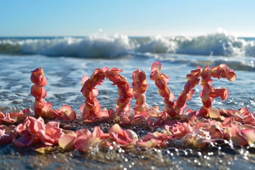 romantic beach of love rose petals on the coastline wide view pragma