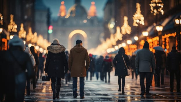 People walking in the city street with bokeh Christmas night. Generative AI.