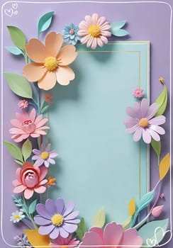 Cherry blossom frame on pastel background with space for text. Sakura.Paper art of Cherry blossom with frame on pastel background.Paper cut style.Spring background with sakura flowers and leaves. Vector paper illustration.3d rendering.Spring flowers frame with copy space for your text. Pastel colors.Minimal style.İnvitation and celebrations.