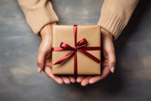 Hands holding gift box, preparing surprise for holiday, top view. Generative AI.