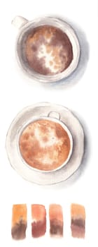 Hand watercolor Painted Cup of cappuccino Coffee with abstract blobs isolated on white background