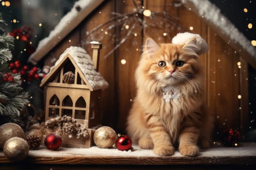 Christmas themed A friendly cat sitting next to a house. Generative AI.
