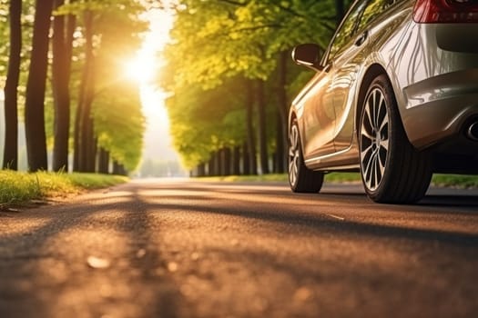 Summer tires on the asphalt road in the sun time for summer tires. Generative AI.