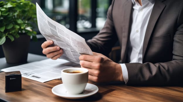 Man holding newsletter, sitting to the table. Generative AI.