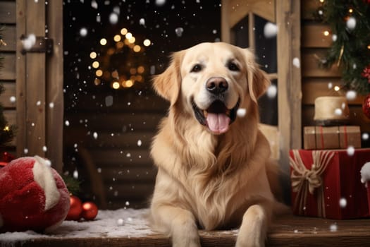 Christmas themed A friendly dog sitting next to a house. Generative AI.