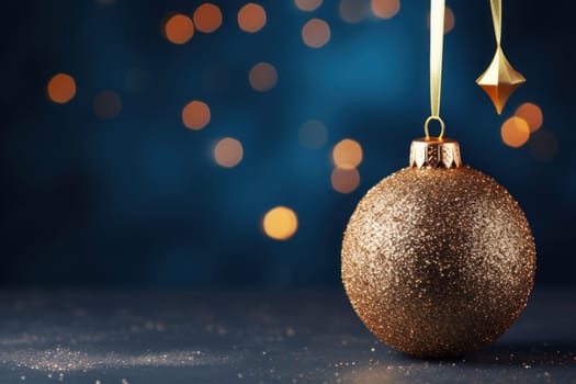 Christmas Tree In Ball Hanging Fir Branch With Golden Glittering On Blue Abstract Night. Generative AI.