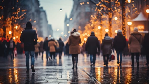 People walking in the city street with bokeh Christmas night. Generative AI.