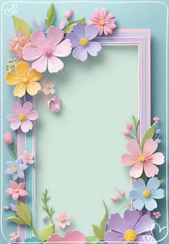 Cherry blossom frame on pastel background with space for text. Sakura.Paper art of Cherry blossom with frame on pastel background.Paper cut style.Spring background with sakura flowers and leaves. Vector paper illustration.3d rendering.Spring flowers frame with copy space for your text. Pastel colors.Minimal style.İnvitation and celebrations.