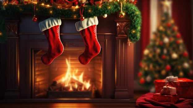 Christmas sock on fireplace mantel. Beautifully decorated living room. Generative AI.