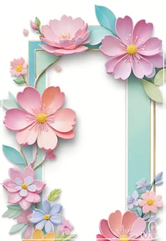 Cherry blossom frame on pastel background with space for text. Sakura.Paper art of Cherry blossom with frame on pastel background.Paper cut style.Spring background with sakura flowers and leaves. Vector paper illustration.3d rendering.Spring flowers frame with copy space for your text. Pastel colors.Minimal style.İnvitation and celebrations.