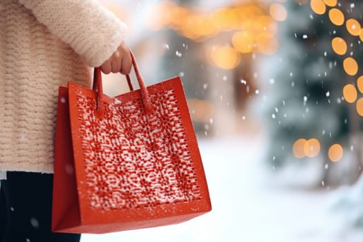 Woman in winter wear holds red shopping bag. Generative AI.