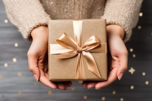 Hands holding gift box, preparing surprise for holiday, top view. Generative AI.