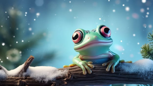 Frog perched on the top of a branch Christmas pastel background, copy space. Generative AI.
