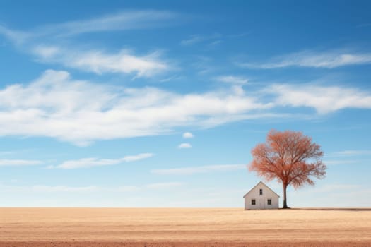 Minimalist landscape with alone tree and house. Generative AI.